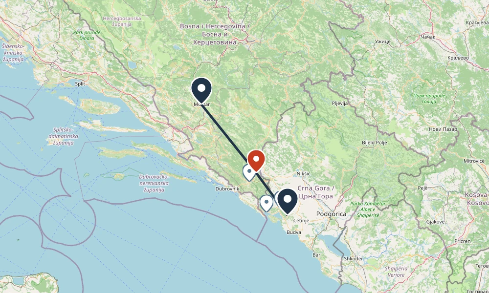 Route map: Mostar to Klobuk crossing to Kotor