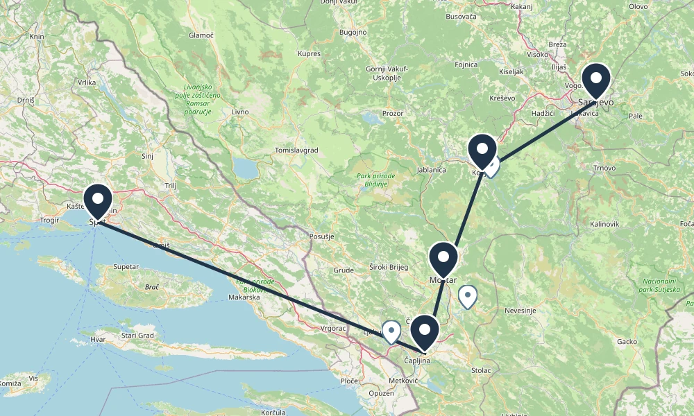 Route map: Split to Pocitelj to Mostar to Konjic to Sarajevo